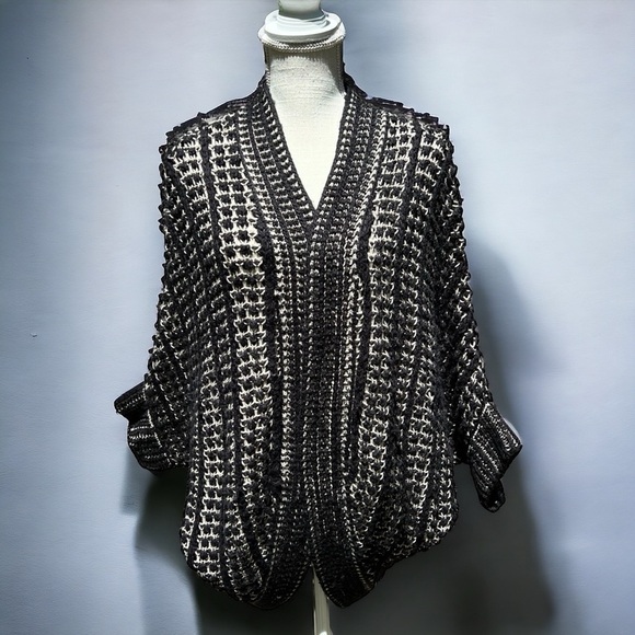 🌻 Joan Vass Studio Black & Cream Chunky Open Knit Wool Blend Cocoon Sweater S - Picture 1 of 8